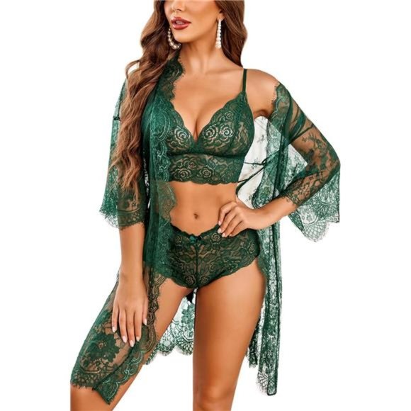 Women's Lingerie Set 3 Piece Bra and Panty Set with Lace Kimono Robe Sleepwear